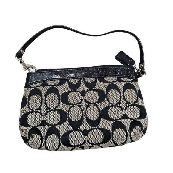Coach Signature Womens Gray Black Canvas Leather Trim Monogram Designer Wristlet - Picture 2 of 6